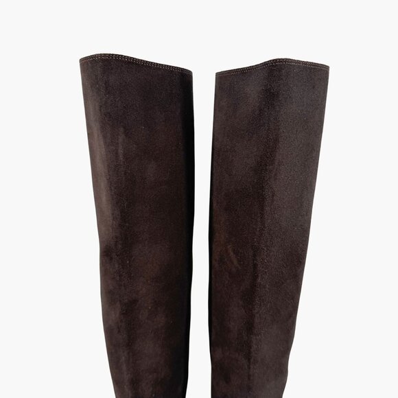 Chanel CC Dark Brown Suede Knee High Riding Boots Block Heel Size 37 US 6-6.5 - Picture 4 of 13